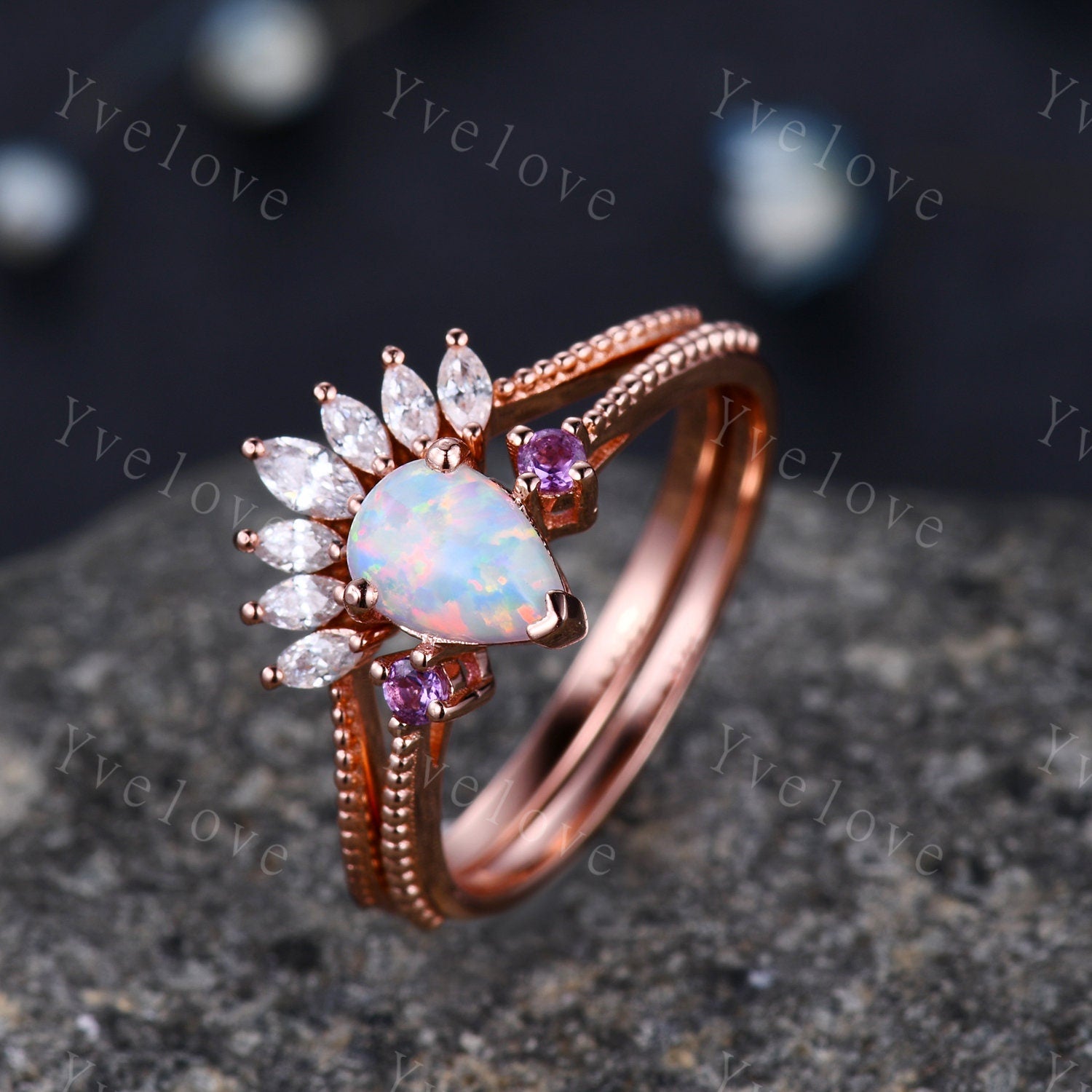Vintage White Opal Engagement Ring Set Pear Cut Amethyst Ring Se – YVELOVE