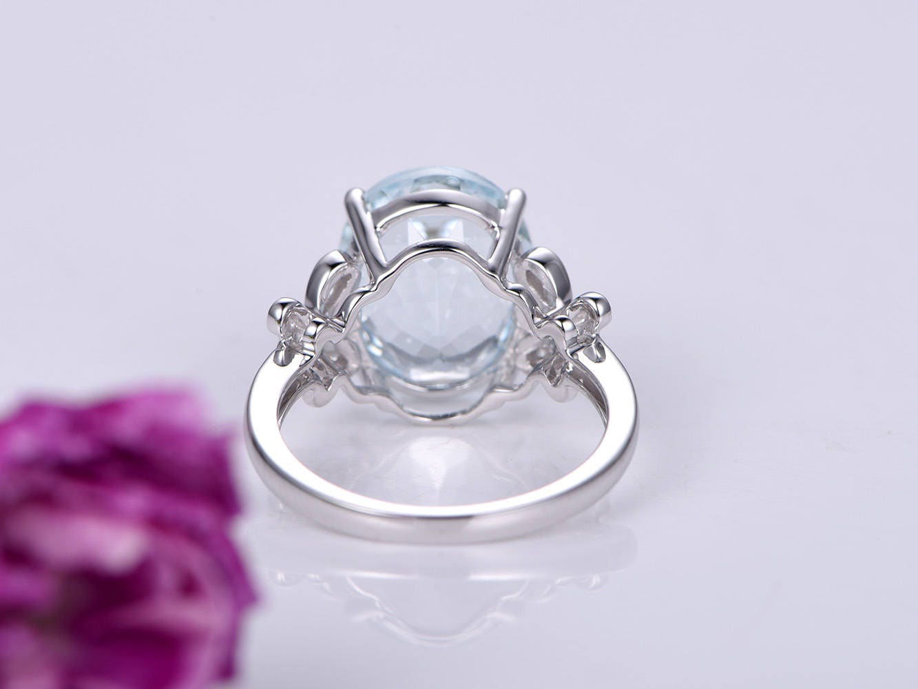 Aquamarine ring 10x12mm oval aquamarine engagement ring diamond ring butterfly design diamond band solid 14k white gold ring custom ring