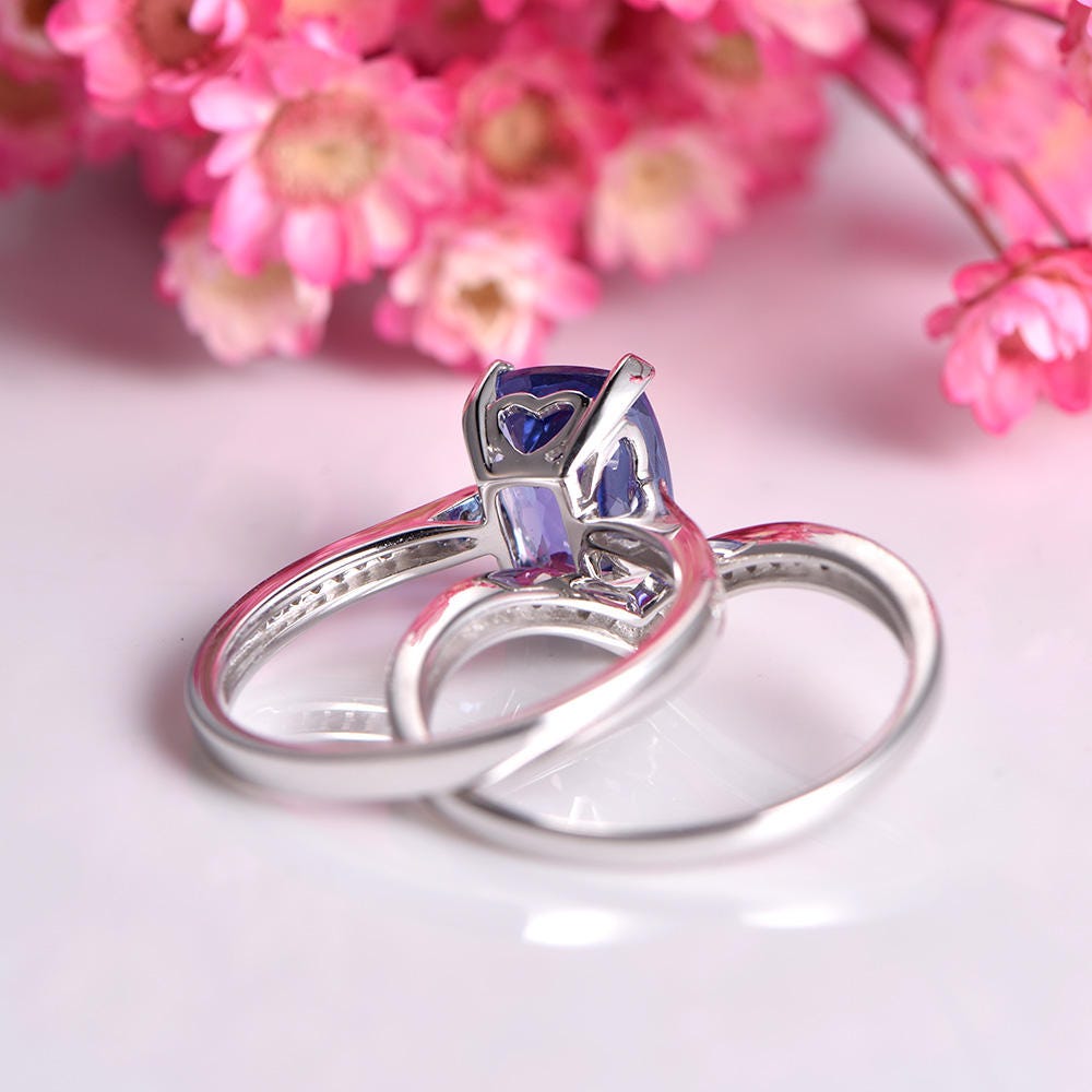 Tanzanite ring set cushion cut tanzanite engagement ring 7x9mm main stone V shape half eternity diamond wedding band solid 14k white gold