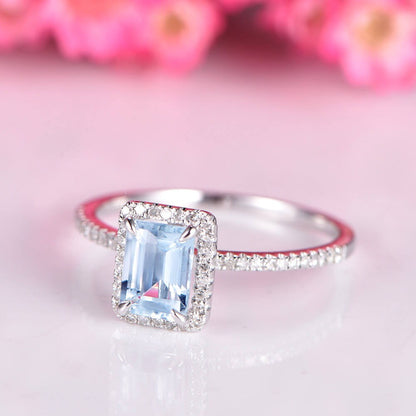Aquamarine ring emerald cut aquamarine engagement ring 5x7mm natural main stone diamond band diamond halo solid 14k white gold bridal ring