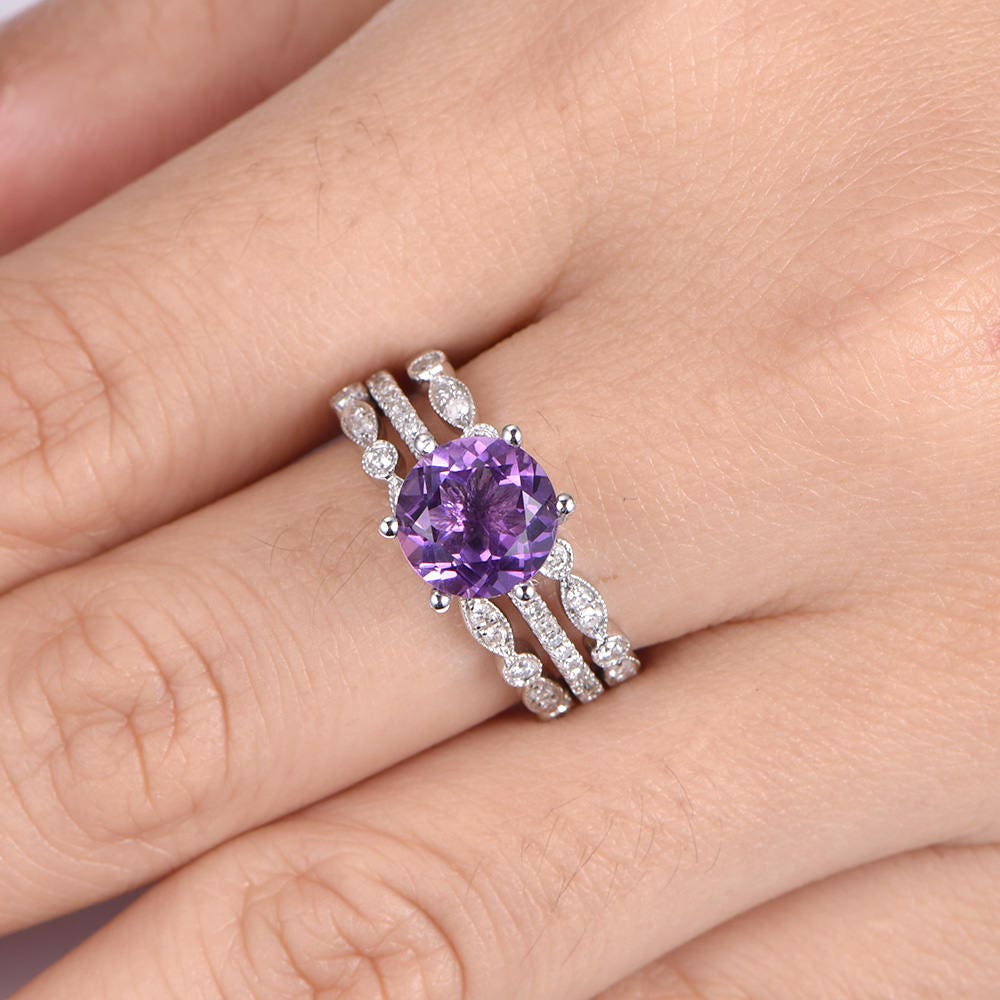 Amethyst ring set diamond engagement ring 8mm round cut amethyst art deco diamond matching band 14k white gold wedding ring set customized
