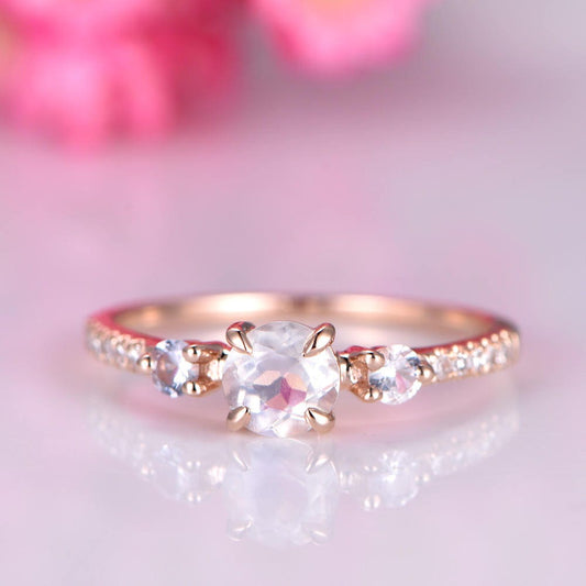 5mm round cut moonstone engagement ring Moonstone ring diamond aquamarine accent stone 14k rose gold 3 stone promise ring Christmas gift
