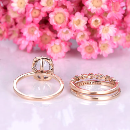 Aquamarine engagement ring set half eternity diamond wedding band blue topaz matching band 14k white gold 3pcs wedding ring set