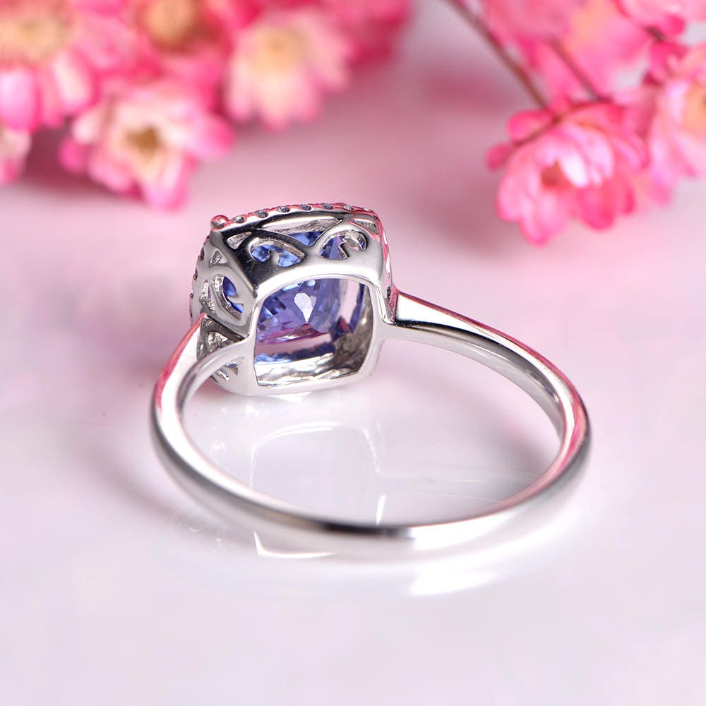 2.3ct Tanzanite Ring 7.5mm cushion cut tanzanite engagement ring diamond halo plain gold band solid 14k white gold ring custom jewelry