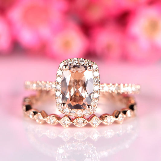 Natural morganite ring set cushion morganite engagement ring 7x9mm natural gemstone full eternity diamond wedding band solid 14k rose gold
