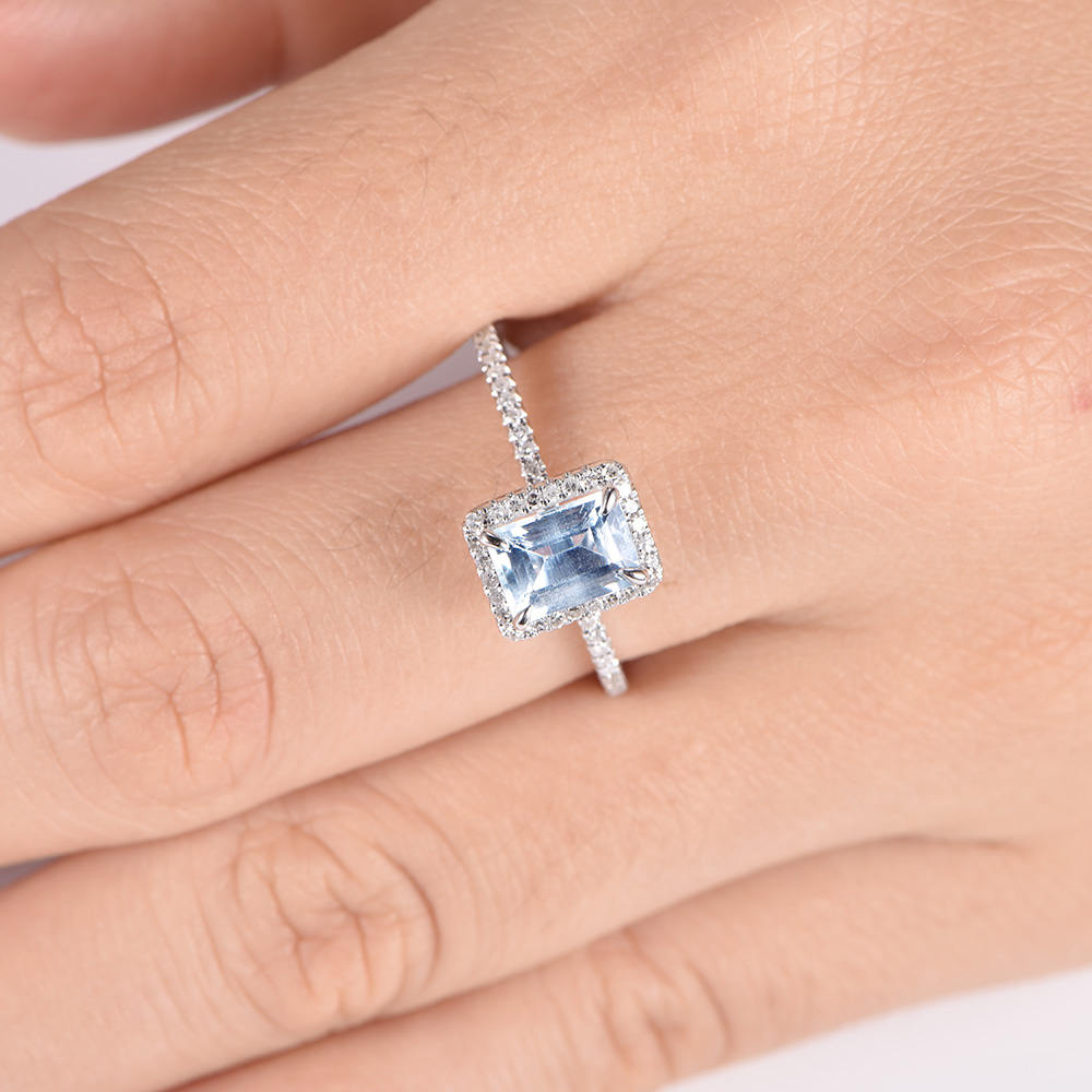 Aquamarine ring emerald cut aquamarine engagement ring 5x7mm natural main stone diamond band diamond halo solid 14k white gold bridal ring