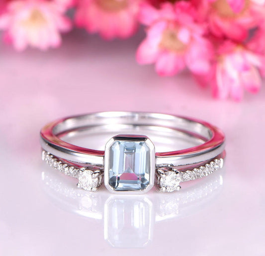 Aquamarine ring set aquamarine engagement ring 4x5mm emerald cut blue birthstone bezel set 14k white gold diamond matching band bridal ring
