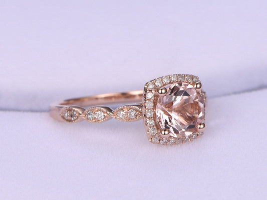 Morganite engagement ring morganite ring 7mm round cut gem stone diamond ring diamond cushion halo and art deco band 14k rose gold ring
