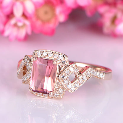 Pink Tourmaline engagement ring diamond ring 5x7mm emerald cut tourmaline diamond wedding band diamond halo ring 14k rose gold bridal ring