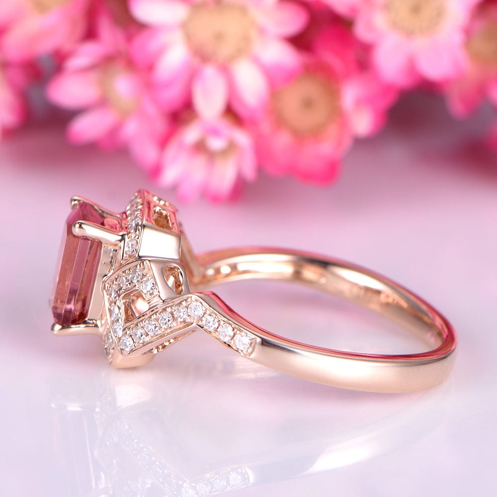 Pink Tourmaline engagement ring diamond ring 5x7mm emerald cut tourmaline diamond wedding band diamond halo ring 14k rose gold bridal ring