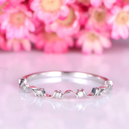 Diamond wedding band solid 14k white gold half eternity ring floral simple diamond matching band bridal ring promise ring Valentine