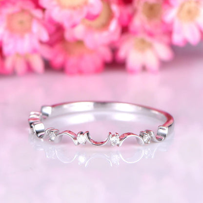 Diamond wedding band solid 14k white gold half eternity ring floral simple diamond matching band bridal ring promise ring Valentine