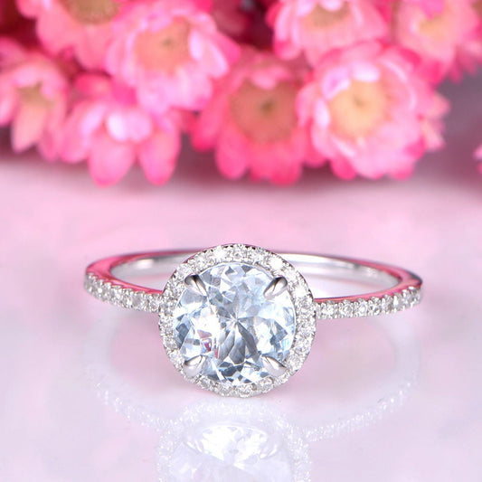 Aquamarine ring solid aquamarine engagement ring 14k white gold diamond wedding band 7mm round cut March birthstone anniversary ring