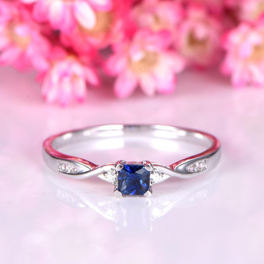 Sapphire engagement ring 0.35ct sapphire ring lab created main stone 14k white gold real diamond wedding band petite bridal ring anniversary