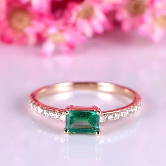 Emerald engagement ring 3x5mm emerald-cut natural emerald ring full cut real diamond wedding band gemstone 14k rose gold bridal ring