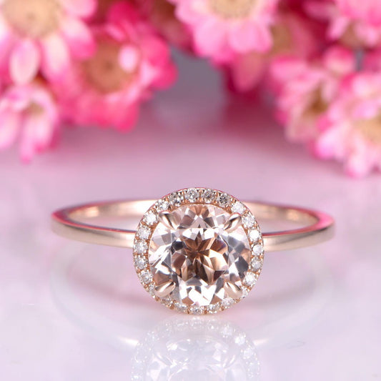 Morganite engagement ring 14k rose plain gold wedding band 7mm round cut morganite ring SI-H diamond halo ring anniversary ring Valentine