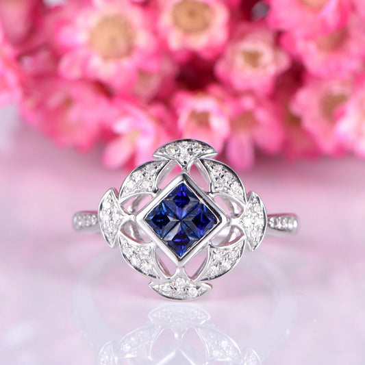 Sapphire engagement ring princess cut natural blue sapphire ring floral diamond halo diamond wedding band birthstone ring 14k white gold