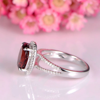 Garnet engagement ring white gold diamond promise ring split shank diamond wedding band 10x8mm oval cut red garnet 14k/18k bridal ring