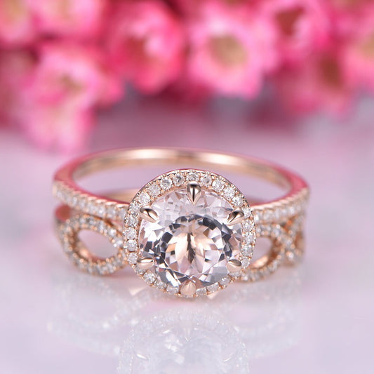 Morganite engagement ring set 14k rose gold 9mm round cut morganite bridal ring diamond stacking band half eternity ring handmade jewelry
