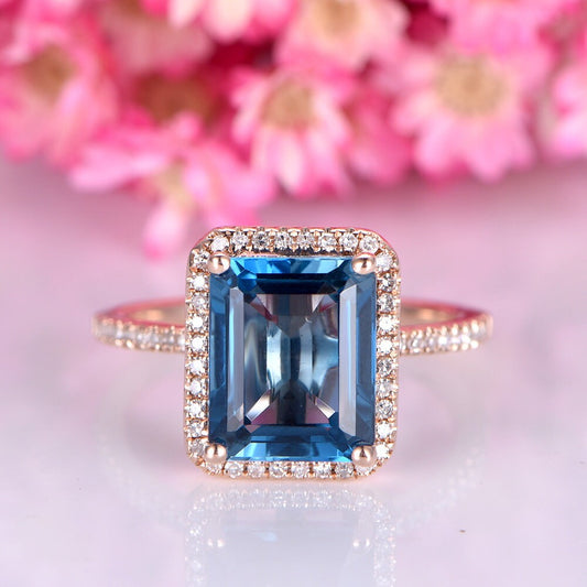 London blue topaz engagement ring 8x10mm emerald cut natural topaz ring diamond wedding band solid 14k rose gold solitare ring customized