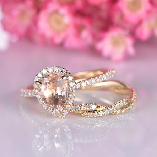 Morganite engagement ring set 14k yellow gold diamond bridal band 5x7 pear cut morganite promise ring full eternity diamond wedding band