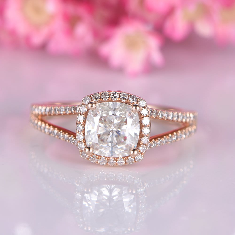 Moissanite engagement ring rose gold 7mm cushion cut Charles & Colvard moissanite diamond split shank diamond wedding ring 14k bridal ring