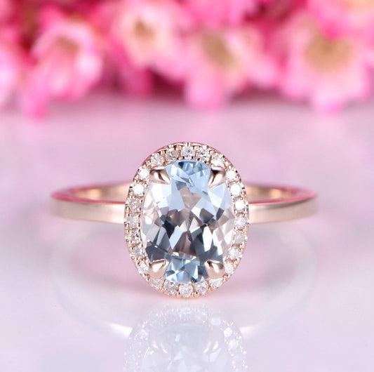 Aquamarine engagement ring 14k rose gold diamond ring 6x8mm oval natural blue aquamarine diamond halo plain gold wedding band bridal ring