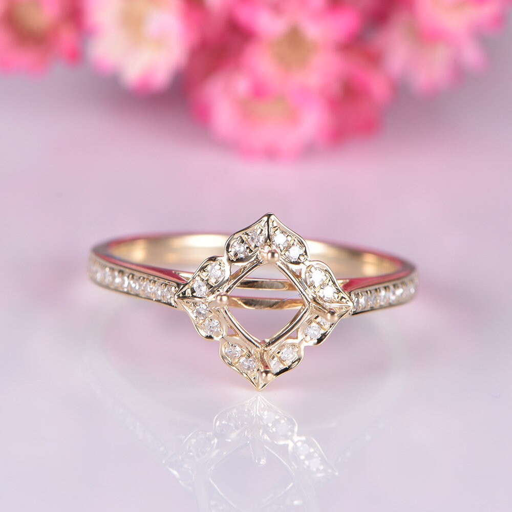 14k yellow gold semi mount diamond engagement ring setting vintage floral style promise ring custom handmade jewelry