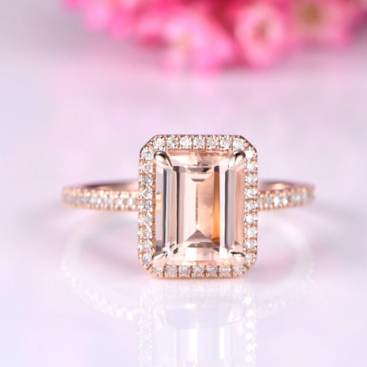 Morganite engagement ring 14k rose gold 7X9mm emerald cut pink morganite ring thin diamond wedding band diamond halo ring customized