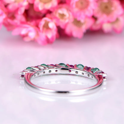 Ruby wedding band 14k white gold emerald ring half eternity natural gemstone ring 2mm round cut alternate stone stacking ring anniversary