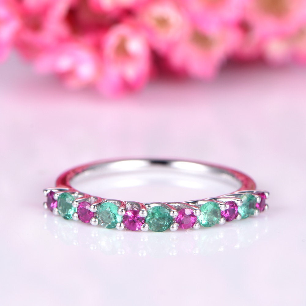 Ruby wedding band 14k white gold emerald ring half eternity natural gemstone ring 2mm round cut alternate stone stacking ring anniversary