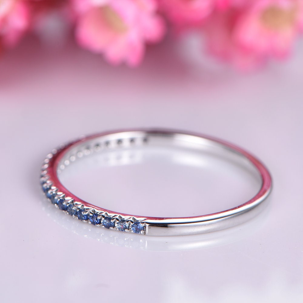 Blue sapphire wedding band 14k white gold half eternity ring petite matching band natural sapphire stacking ring custom jewelry