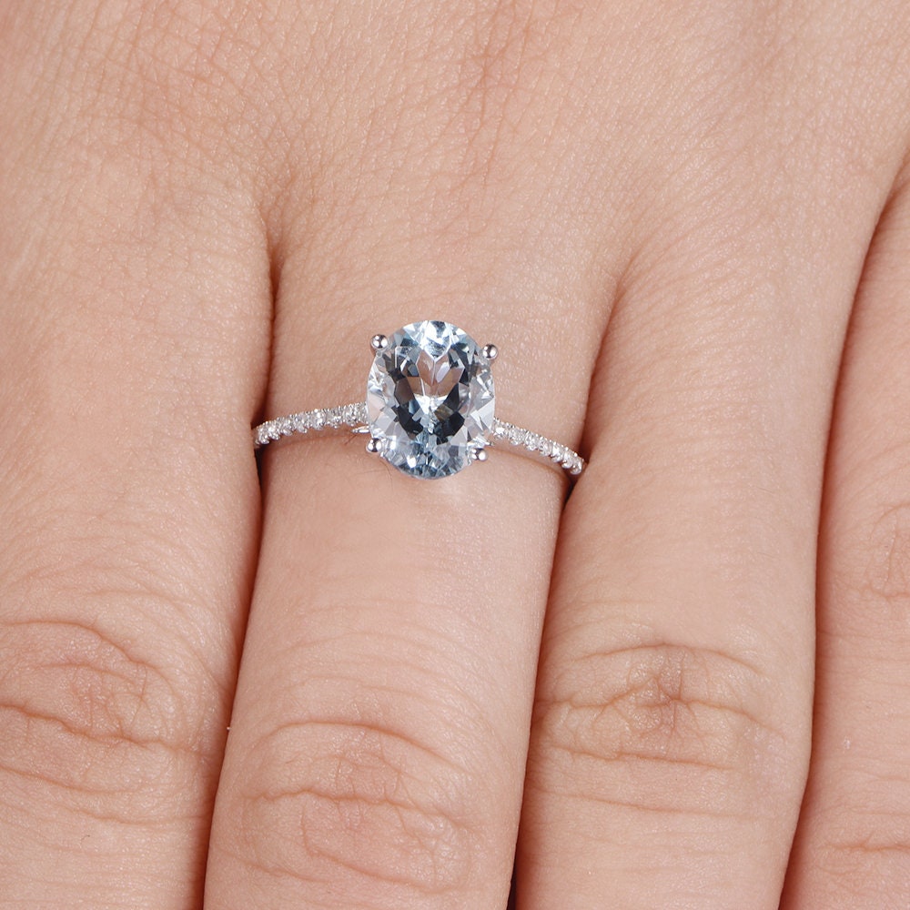 Natural oval aquamarine engagement ring white gold diamond eternity band 7x9mm VS blue aquamarine promise ring March stone anniversary gift