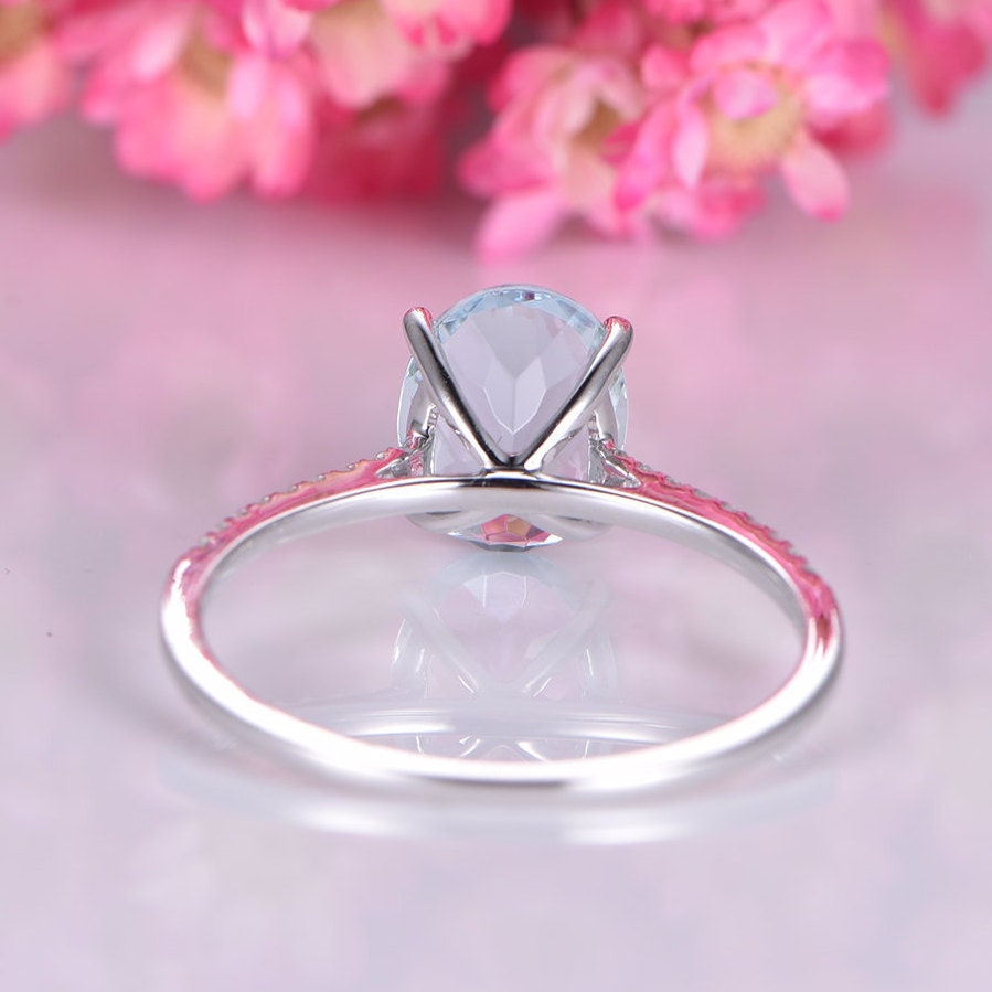 Natural oval aquamarine engagement ring white gold diamond eternity band 7x9mm VS blue aquamarine promise ring March stone anniversary gift