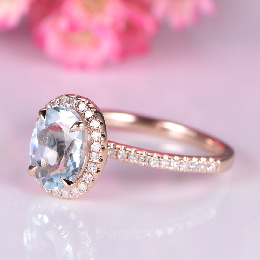 Aquamarine engagement ring rose gold promise ring 6x8mm oval cut natural VS aquamarine solid 14k diamond band halo ring custom ring