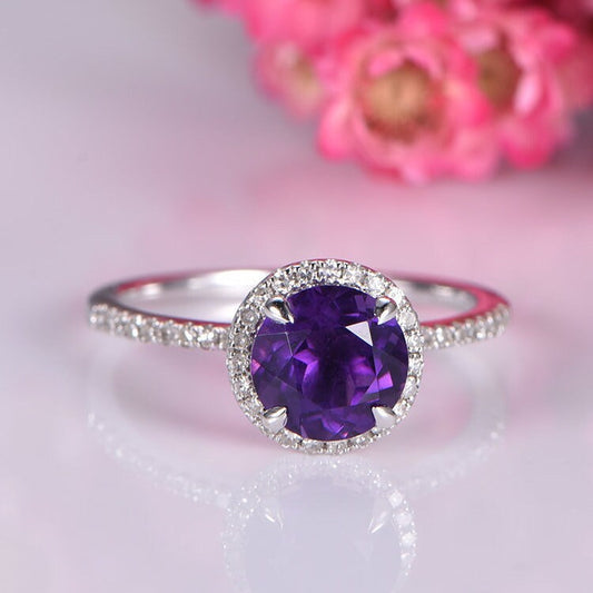 Solid 14k white gold amethyst engagement ring halo half eternity ring 7mm round cut IF natural stone real diamond wedding band birthstone