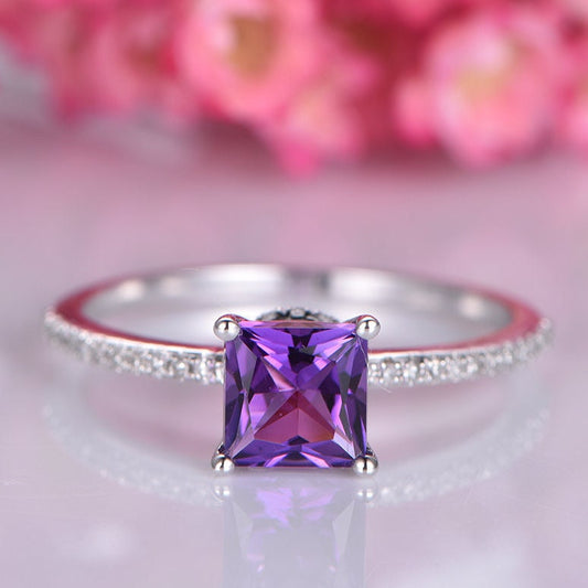 Princess cut amethyst engagement ring 14k white gold half eternity band 6mm IF main stone SI diamond solitaire promise ring Valentine's Day
