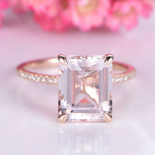 Light pink morganite engagement ring 14k rose gold diamond solitaire ring 9x11mm emerald cut natural VS stone bridal ring prongs set