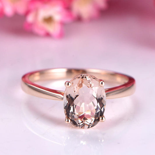 VS Morganite engagement ring 7x9mm oval cut morganite ring plain gold band solitaire ring solid 14k rose gold bridal ring anniversary ring