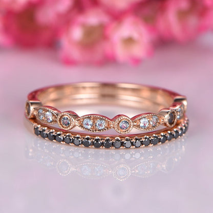 Bridal ring set black diamond wedding band pave half eternity ring art deco aquamarine matching band custom jewelry solid 14k rose gold