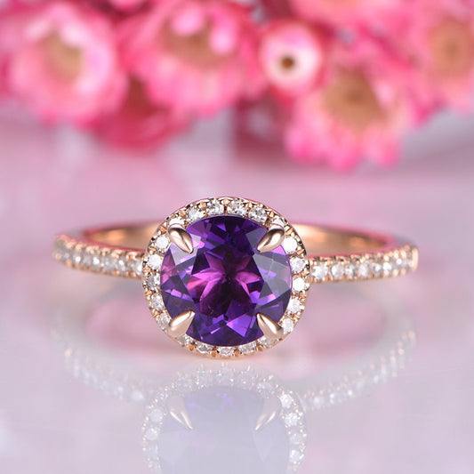 Amethyst engagement ring 14k rose gold 7mm round cut purple birthstone diamond wedding ring amethyst promise ring anniversary gift