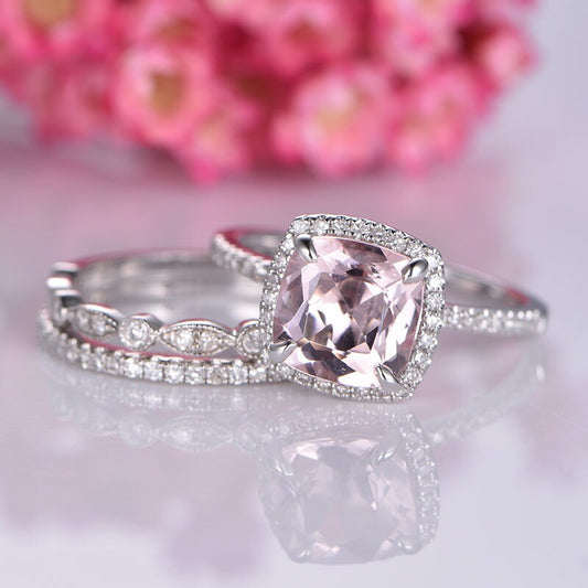 14k white gold morganite engagement ring set 8mm cushion cut pink natural morganite promise ring half eternity matching bands pave diamonds