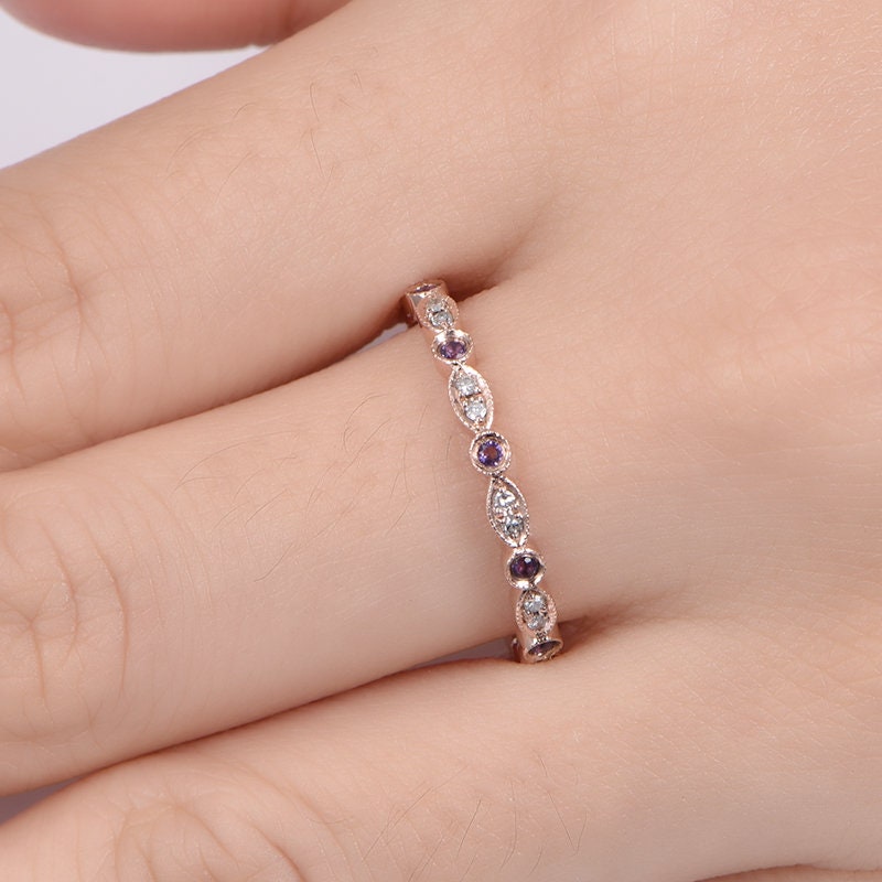 Amethyst diamond ring 14k rose gold 3/4 eternity promise ring natural birthstone matching band pave set Milgrain Marquise Style Gift for her