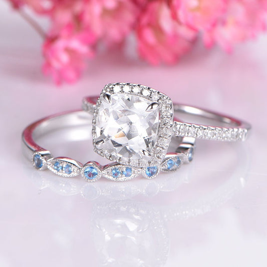 Bridal ring set white topaz engagement ring 7mm cushion cut stone solid 14k white gold blue topaz wedding band diamond accents