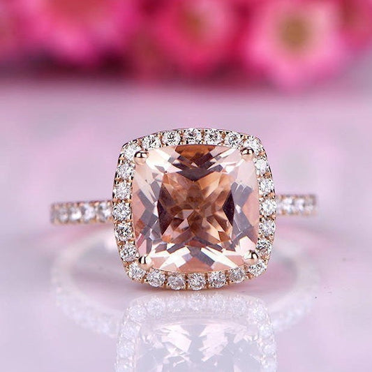 Morganite engagement ring cushion morganite ring 9mm pink gemstone diamond wedding band petite band solid 14k rose gold wedding ring