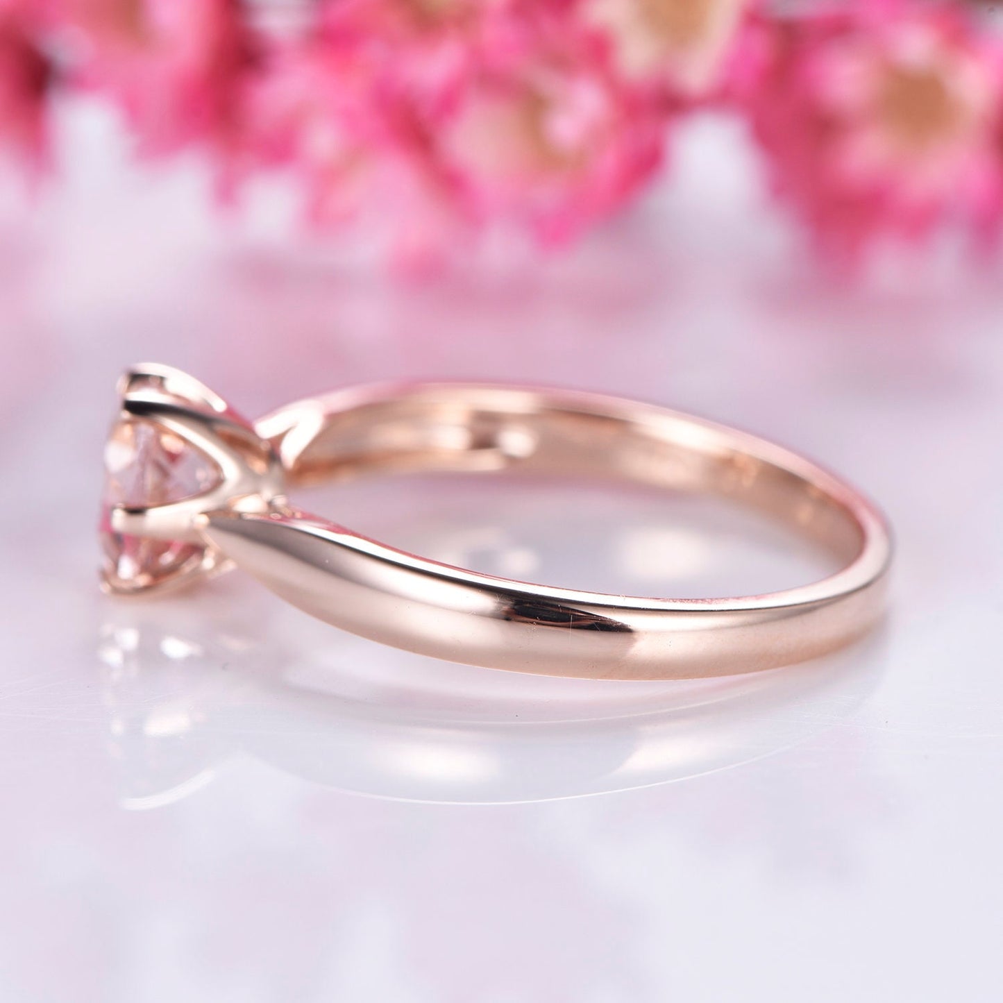 Morganite engagement ring rose gold plain band 14k solitaire gemstone ring 6.5mm round cut natural morganite six prongs set Valentine