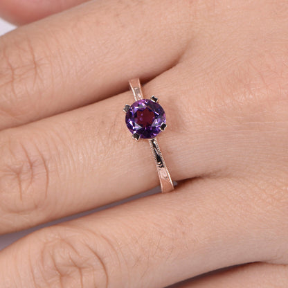 Amethyst engagement ring 14k rose gold filigree wedding band 6.5mm round cut IF natural birthstone plain gold band promise ring