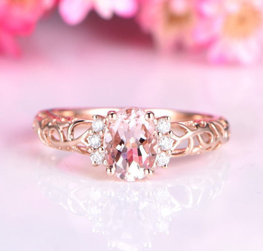 Pink  morganite engagement ring 5x7mm oval cut morganite moissanite side stones filigree style wedding band prong set 14k 18k Rose Gold