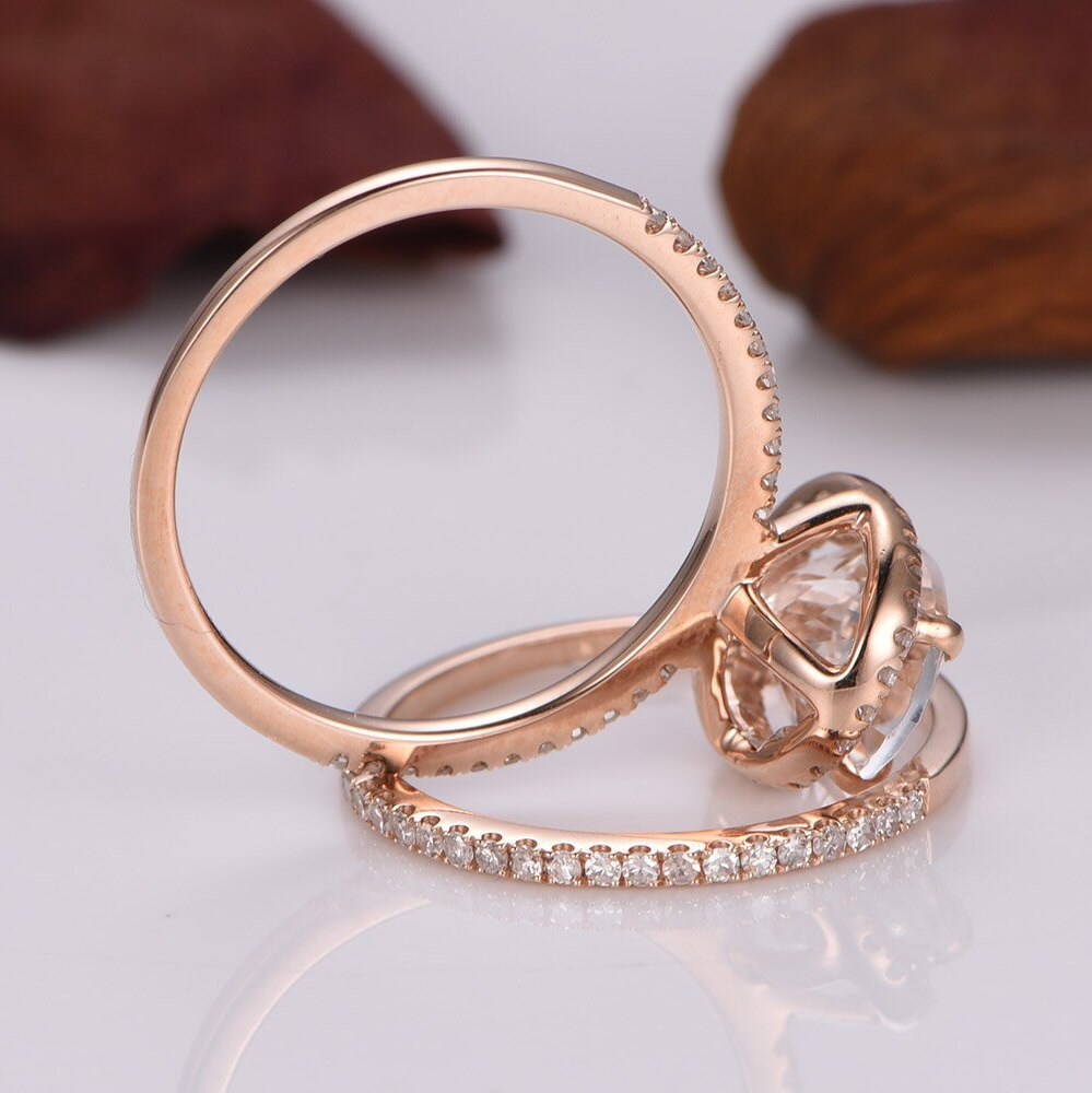 Morganite engagement ring set 6x8mm oval morganite ring full eternity diamond wedding band diamond matching band petit ring 14k rose gold