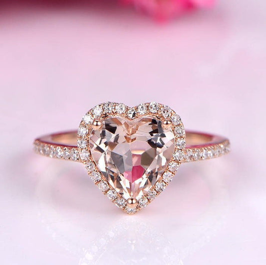 Morganite engagement ring pink morganite ring 8mm heart shape natural gemstone ring diamond ring diamond wedding band solid 14k rose gold